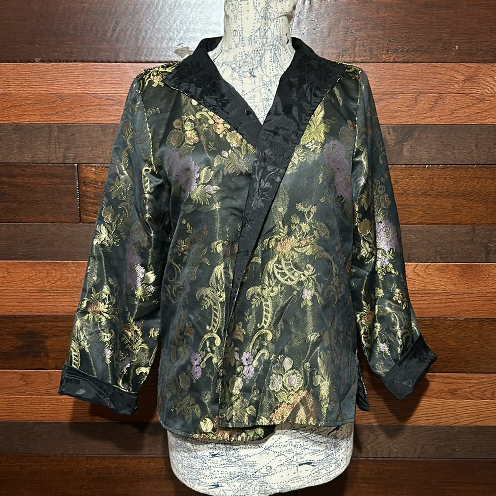 Vintage Resort Wear North Open Front Long Sleeve Black Floral Tapestry Blazer